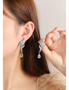 Silver Needle Feather Shaped Multicolor Gemstone Drop Earrings, Silver-Tone Statement Jewelry for Women Party Daily Wear - Aliexpress - FashionsVida