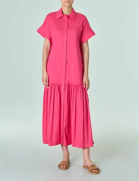 Abito chemisier lungo fucsia in popeline stretch a maniche corte con balza arricciata al fondo - Max Mara - FashionsVida