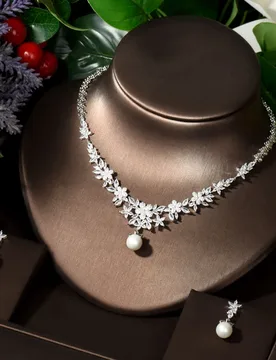 HIBRIDE Sparkling Cubic Zirconia Paved Leaf Flower Wedding Pearl Necklace Earrings Costume Jewelry Sets for Women Party N-1466 - Aliexpress - FashionsVida