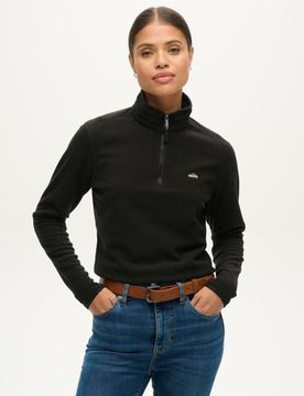 Superdry Damen Verkürzter Polar Fleecepullover mit Halblangem Reißverschluss Schwarz - Größe: 38