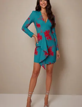 Women's Long Sleeve Floral Printed Mini Dress in Green Size: 16 - Green - Size: 16 - Chi chi london - FashionsVida