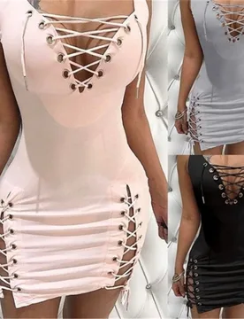 Womens Dresses 2025 New Summer Solid Color Deep V-neck Sexy Slim Fit Eyelet Lace Up Sleeveless Casual Daily Mini Dress - Aliexpress - FashionsVida