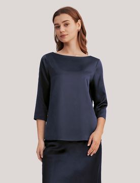 Camicia Seta Donna - Scollo A Barchetta, Manica 3/4 100% Seta Pura Privo Di Sostanze Chimiche Nocive S