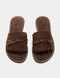 Suede Fringed Flat Mules Brown female