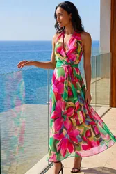 Floral Print Halter Neck Maxi Dress - Cerise - Size: 18