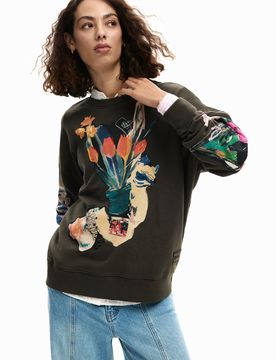 Sudadera collage dibujo, Mujer, Algodon, Negro, XS