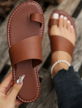 Zapatillas planas informales para mujer con anillo en el dedo del pie, chanclas antideslizantes con punta abierta redonda, sandalias de playa al aire - Shein - FashionsVida
