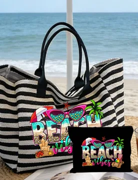 Conjunto de bolsa de playa de gran capacidad tejida a rayas para el verano, que incluye una bolsa pequeña a juego, bolso de playa ligero y resistente - Shein - FashionsVida