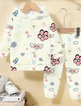 Set de 2 piezas de ropa de otoño/invierno para niñas con diseño creativo y lindo de alas de ángel, corazón y flores, incluye sudadera con capucha - Shein - FashionsVida