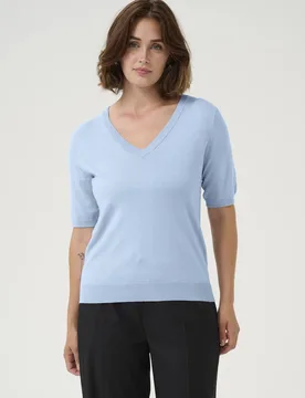 Lizza V-Neck Short Sleeve Pullover - Baby Blue - Size: XS - Kaffe - FashionsVida