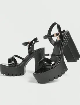 Sandalias de tacón grueso con plataforma y punta redonda para mujer, de moda para primavera y otoño, de unicolor con decoración de hebilla de rhine - Shein - FashionsVida