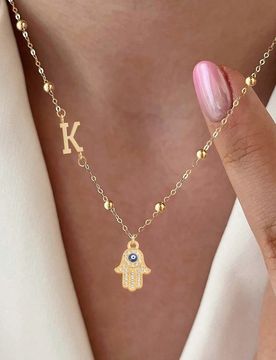 Pieza Collar con colgante de mano de Hamsa con letra clásica, cadena de cuentas de acero inoxidable, para mujer