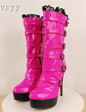 Rose Pink Platform Mid Calf Boots Women Winter New Belt Buckle High Heels Boots Fashion Gothic Dress Cosplay Shoes - Aliexpress - FashionsVida