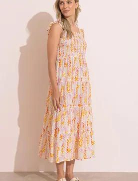 Smocked Printed Midaxi Cotton Dress - White - Size: 22 - Klass. - FashionsVida