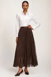 Women's Plain Crinkle Mesh Maxi Skirt in Dark Brown Size: 16 - Dark Brown - Size: 16
