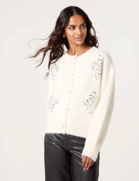 Diamante Sequin Brochure Button Front Cardigan - S/M / IVORY - female - Blue Vanilla - FashionsVida