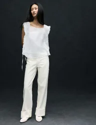 High Waisted Wide Leg Turn Up Jeans Ecru female