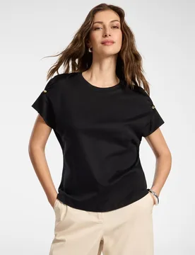 Camiseta de mujer de algodón con aplicaciones metálicas ajuste regular con mangas cortas - Elena Miró - FashionsVida
