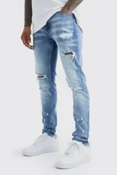 Herren Skinny Stretch Gebleichte Zerrissene Knie-Jeans Hosen Ice Blue Größe 30R
