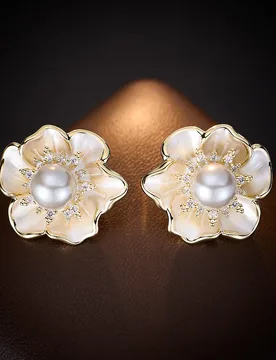 French High-End Enamel Zircon Pearl Camellia Elegant Niche Design Sweet Versatile Simple Earrings - Aliexpress - FashionsVida