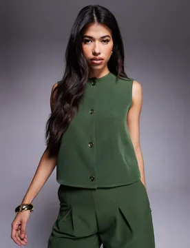 Womens Button Front Sleeveless Co-Ord Top In Khaki - Size 16 Uk - ASOS DESIGN - FashionsVida