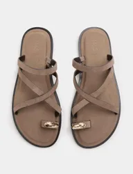 Suede Strappy Flat Toe Loop Sandals Taupe female