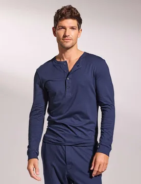 Premium Cotton Modal Long Sleeve Henley Pyjama Top Navy male - David Gandy Wellwear - FashionsVida