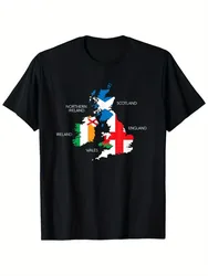 British Isles Map-Vintage with Ireland, Scotland, Wales & England Flags Design-100% cotton O-neck casual printed men's T-shirt
