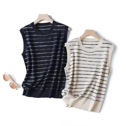 Dave&di Summer Breathable Cool Linen Contrasting Striped Round Neck Sleeveless Knit Shirt Vest Vest Vest Vest Top