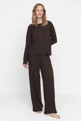 Women's Cozy Ribbed Knit Long Sleeve & Wide Leg Pajama Set – 2 Piece in Brown Size: Medium - Brown - Size: M