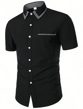 Camisa casual de manga corta a cuadros para hombres, camisa de parche a color contrastante con cuadros y sólido - Shein - FashionsVida