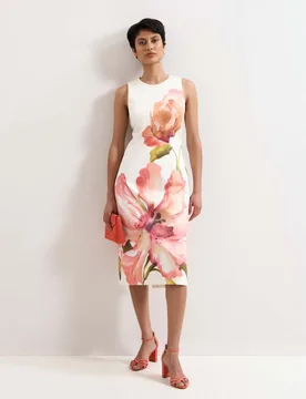 Cotton Rich Floral Midi Column Dress Cream Mix female - Phase Eight - FashionsVida