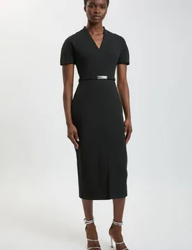 Women's Compact Stretch Tailored Belted Midi Pencil Dress in Black Size: 10 - Black - Size: 10 - Karen millen - FashionsVida