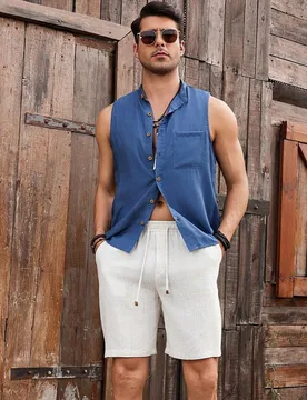 Camiseta de tirantes casual de unicolor con botones delanteros para hombre, lino de verano, vacaciones - Shein - FashionsVida