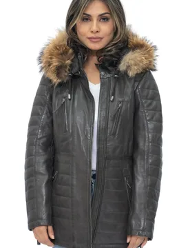 Women's Quilted Leather Parka Jacket-Curitiba in Brown Size: 18 - Brown - Size: 18 - Infinity Leather - FashionsVida