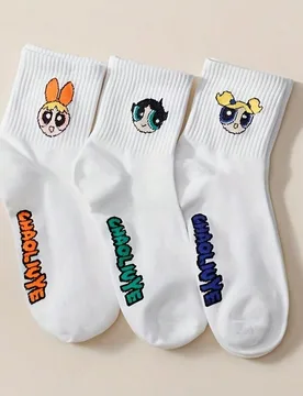 Pares de calcetines de mujer, serie impresa con personajes de dibujos animados lindos (Las Chicas Superpoderosas) con flores de burbujas de unicolor e - Shein - FashionsVida
