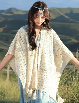 Cape Vintage Ethnic Vacation Style Knitted Tassel Scarf Cardigan Women's Cloak Thin Style Small Shawl Tassel Outer Lace poncho - Aliexpress - FashionsVida