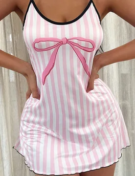 Camisón de mujer con estampado de lazo a rayas rosa y blanco - Shein - FashionsVida