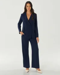 Blazer doppiopetto blu in crêpe con revers a lancia