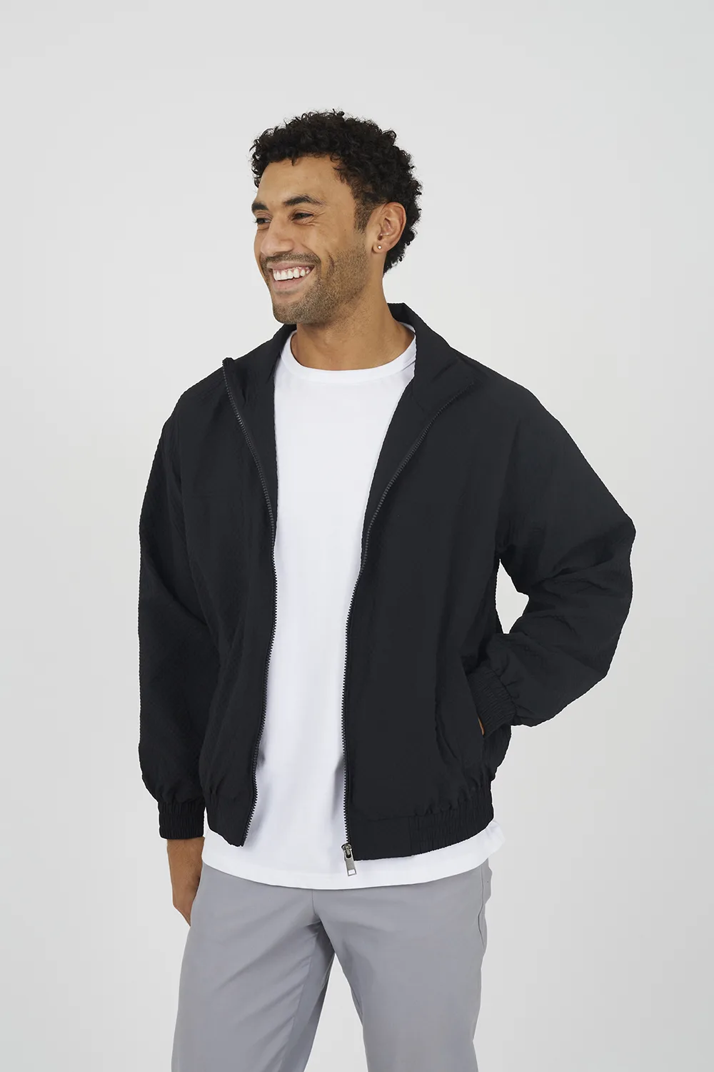 Mens Black Oversized Seersucker Zip-Up Jacket - Size Medium - Brave soul - FashionsVida