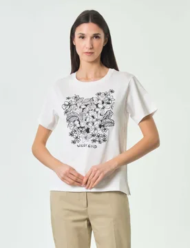 T-shirt maniche corte Weekend bianca in puro cotone con grafica floreale e logo ricamati sul petto - Max Mara - FashionsVida