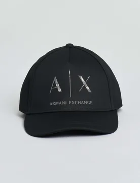 Berretto nero Exchange in cotone con scritta logo gommato effetto marmo - Armani - FashionsVida
