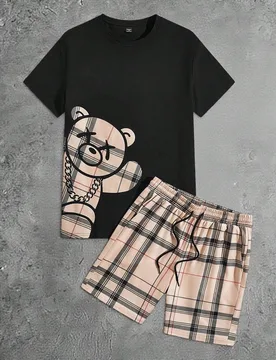 Conjunto de camiseta de manga corta con estampado de oso a cuadros y pantalones cortos con cordón en la cintura para hombre, conjunto de verano, ropa - Shein - FashionsVida