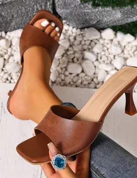 Sandalias de tacón alto de mujer de unicolor elegante para boda de cuero PU primavera/verano sin cordones con tacón de copa de vino marrón - Shein - FashionsVida