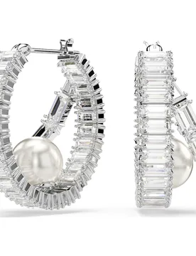 Orecchini a cerchio Ariana Grande x , Crystal Pearl, taglio Baguette, Bianchi, Placcato rodio OS - Swarovski - FashionsVida