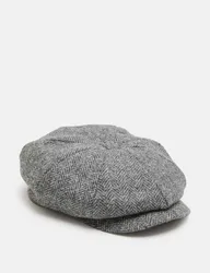 Pure Wool Herringbone Baker Boy Hat Grey Mix male