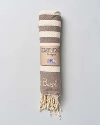 Telo mare marroncino in cotone a righe beige con frange e scritta logo ricamata