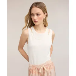 Top de mujer de mezcla de lino con cut-out en los hombros ajuste regular sin cierre