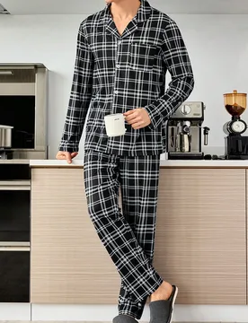 Conjunto de pijama de 2 piezas con camisa de manga larga con botones delanteros a cuadros y pantalón largo para hombre, ropa de otoño e invierno - Shein - FashionsVida