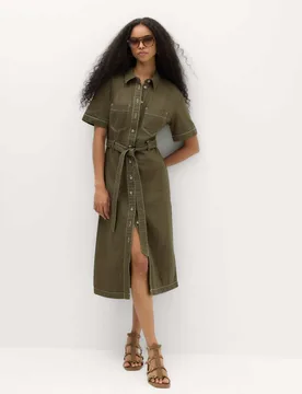 Pure Cotton Collared Belted Midi Utility Dress Hunter Green female - M&S - FashionsVida